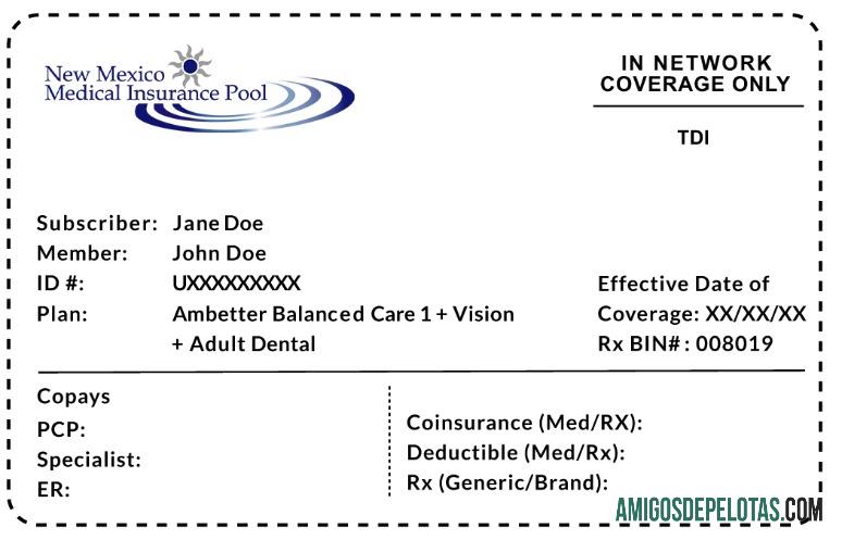 Cartão de seguro saúde do Novo México amostra